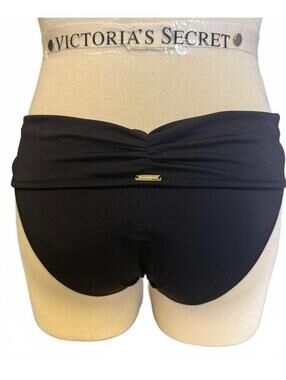 Victoria's Secret S Black Bikini Bottoms with Gold Accents Hottie Cheekie NWT